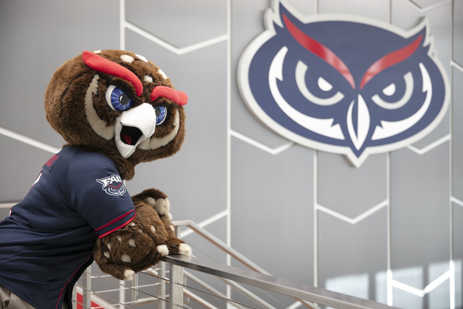 Owlsley, FAU's owl mascot, in a navy jersey leaning on a railing in front of the owl logo at the Schmidt Family Complex in Boca Raton