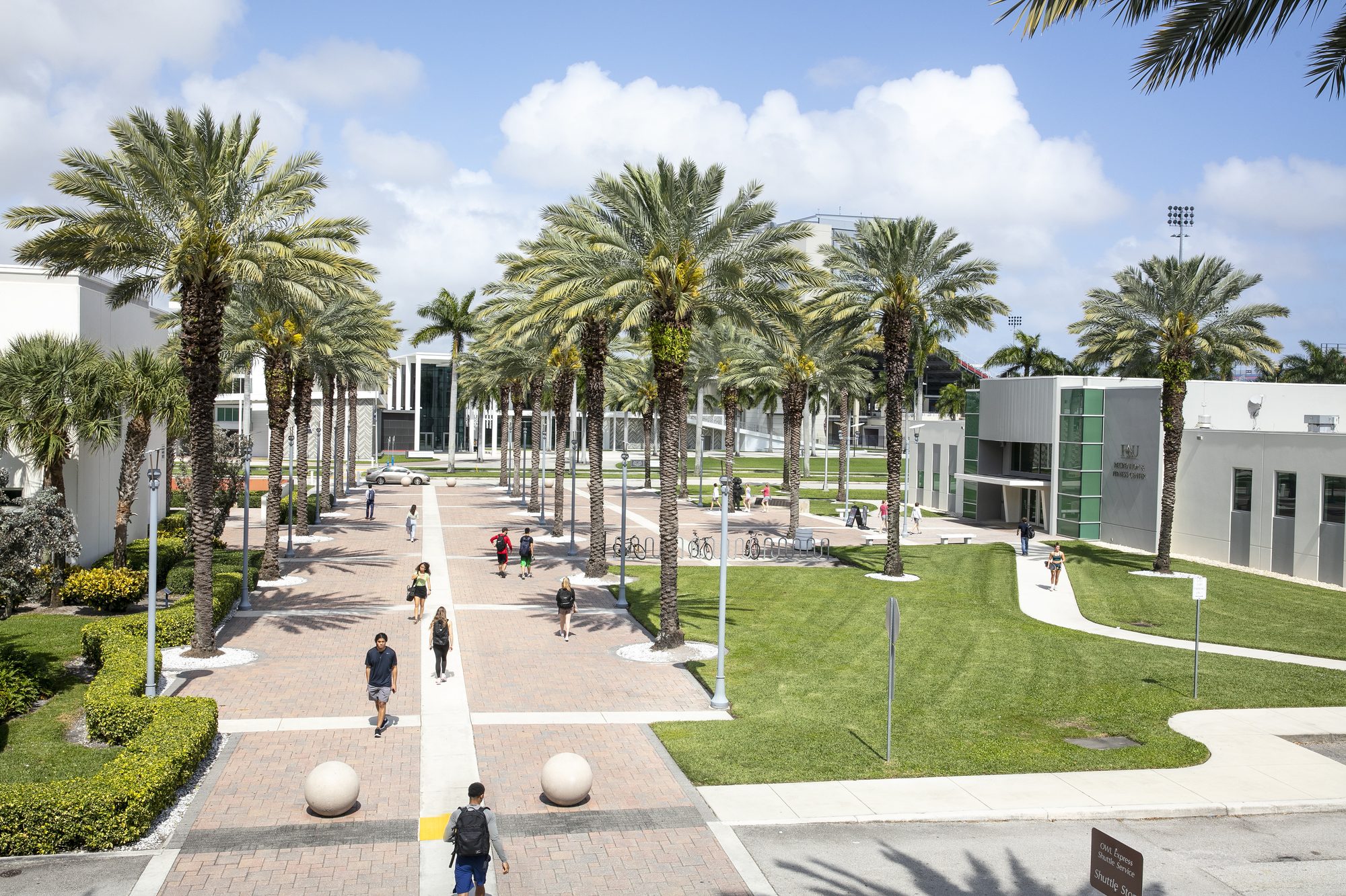 Students walking along the royal-palm promenade of Florida Atlantic University's Boca Raton campus, with lawns, white buildings and blue sky on a sunny day