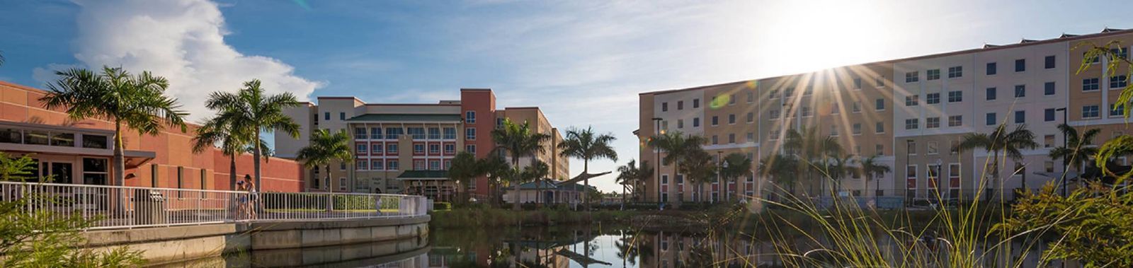 Yellow-and-orange South Village residence halls on the shore of the FGCU campus lake, with the sun shining through the palm trees