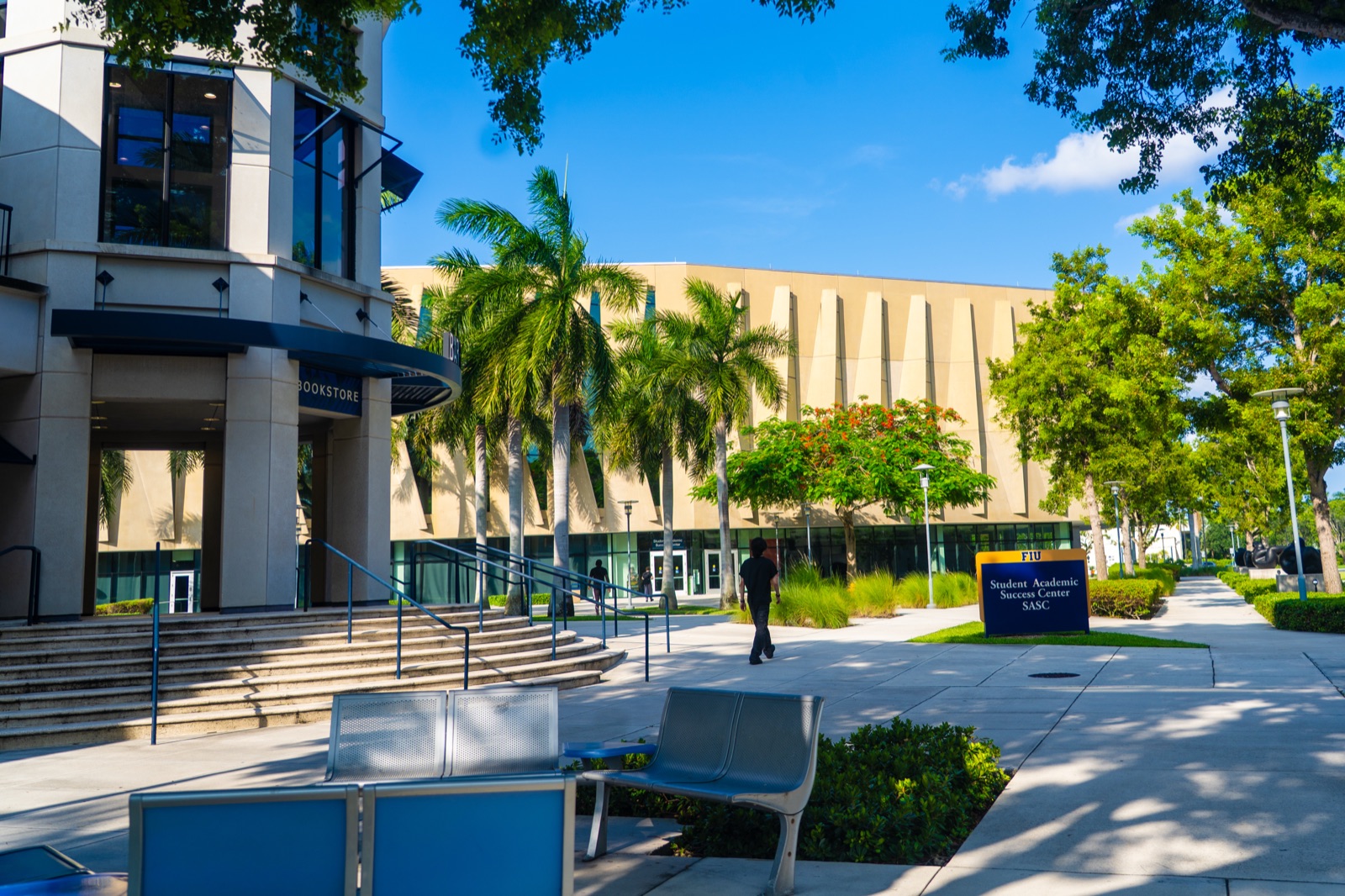 Walkway in front of the FIU bookstore and the Student Academic Success Center, with palm trees and blue sky