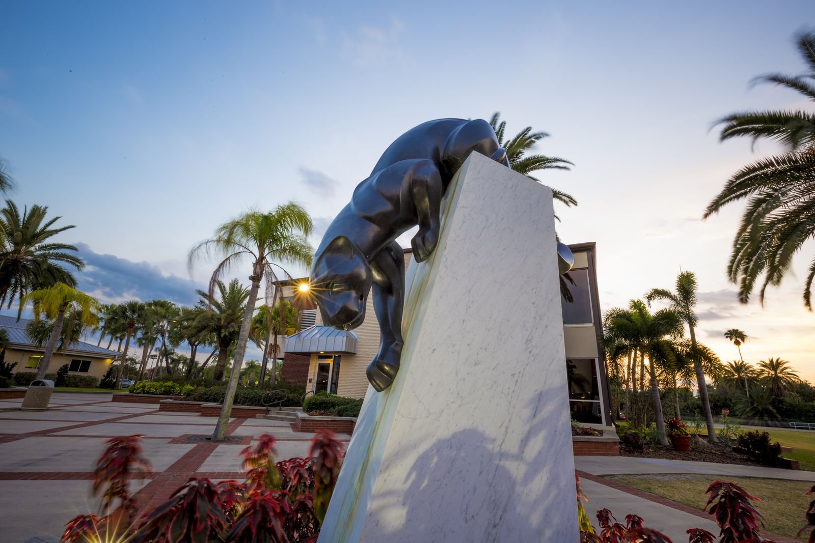 The panther statue, symbol of Florida Tech, at dusk with palm trees in the background