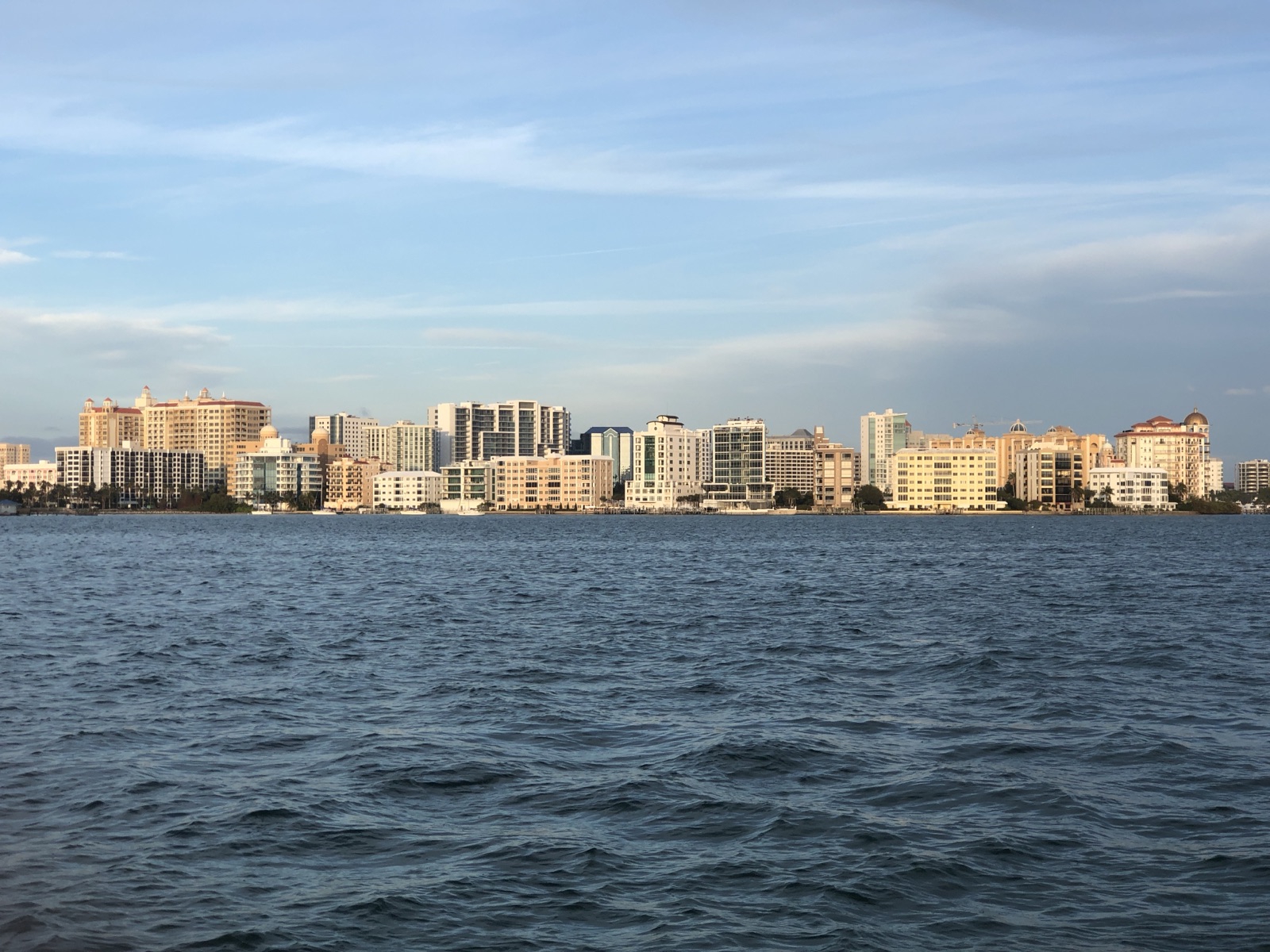 Downtown Sarasota skyline seen from Bird Key Park across Sarasota Bay, with high-rise buildings along the waterfront