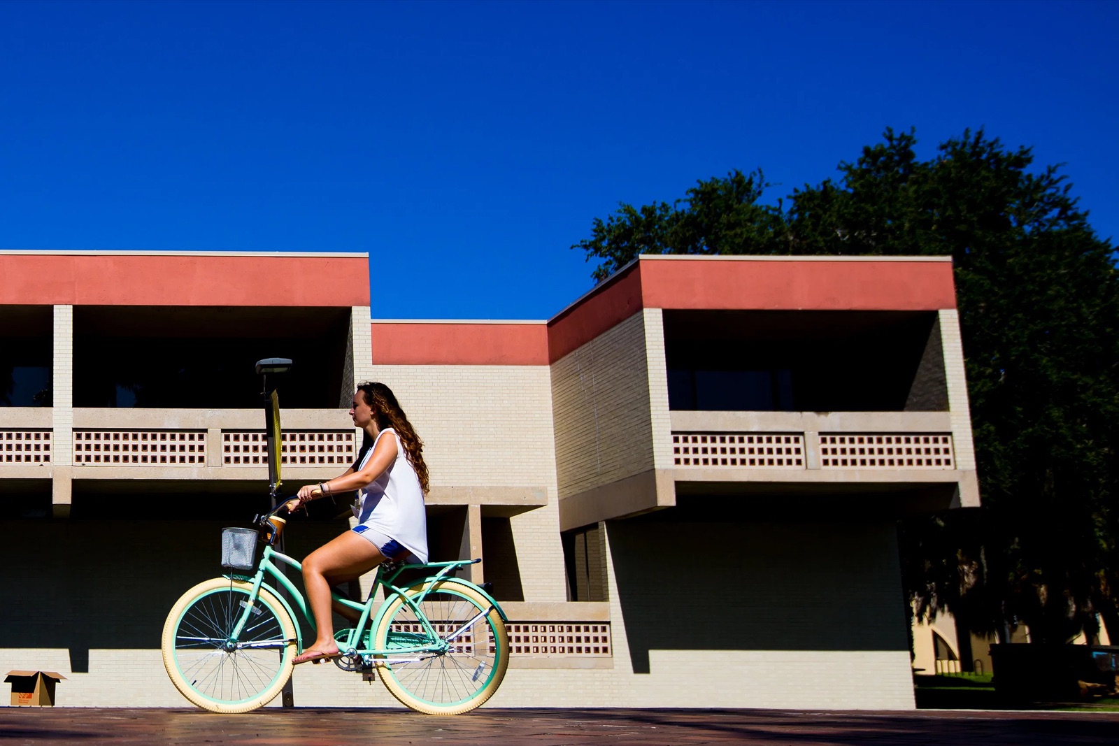 Student riding a bike in front of the Pei Residence Halls, the student residences designed by I. M. Pei at New College of Florida