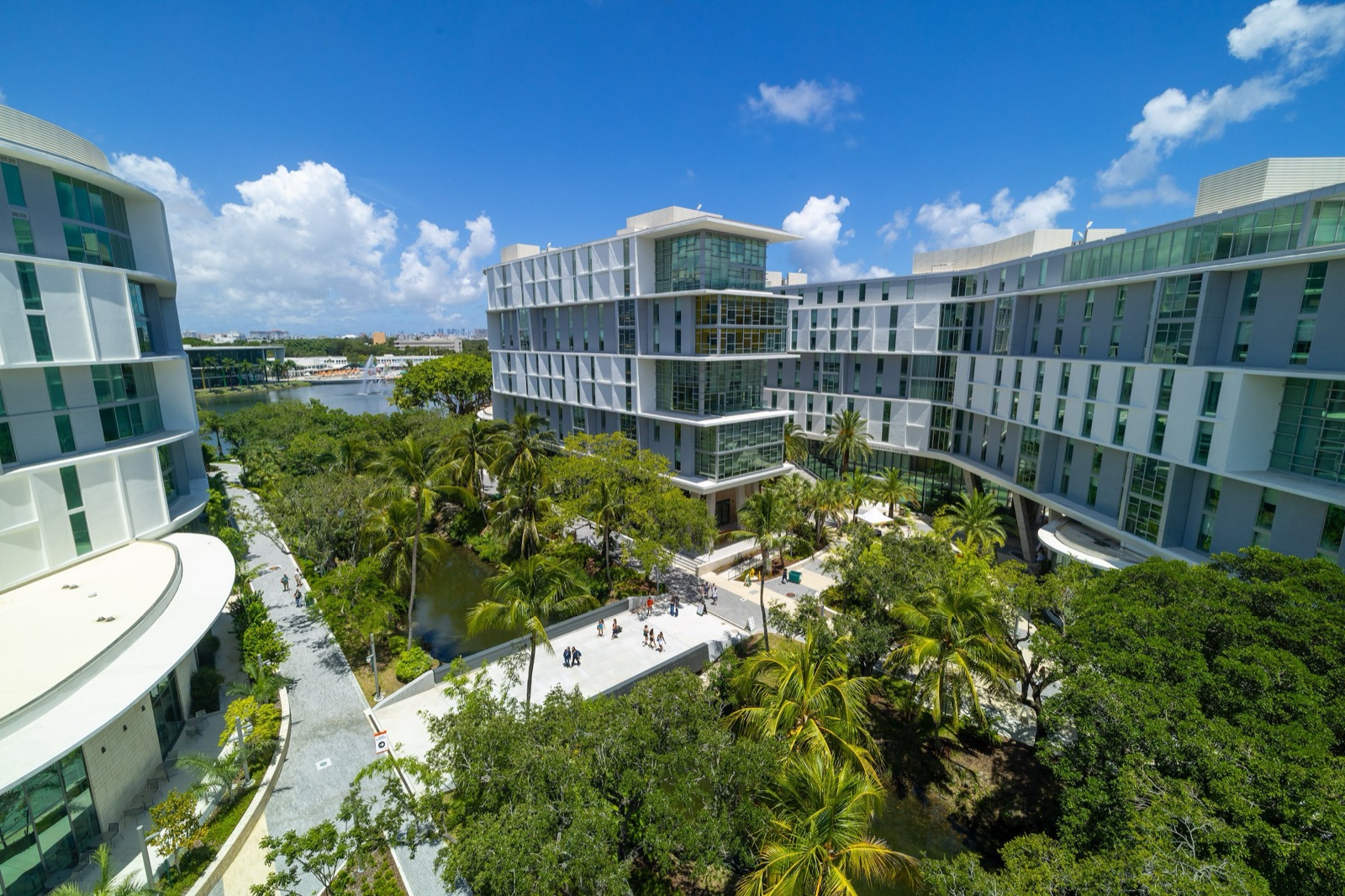 Aerial view of Lakeside Village, the lakeside residential and academic complex on the University of Miami Coral Gables campus