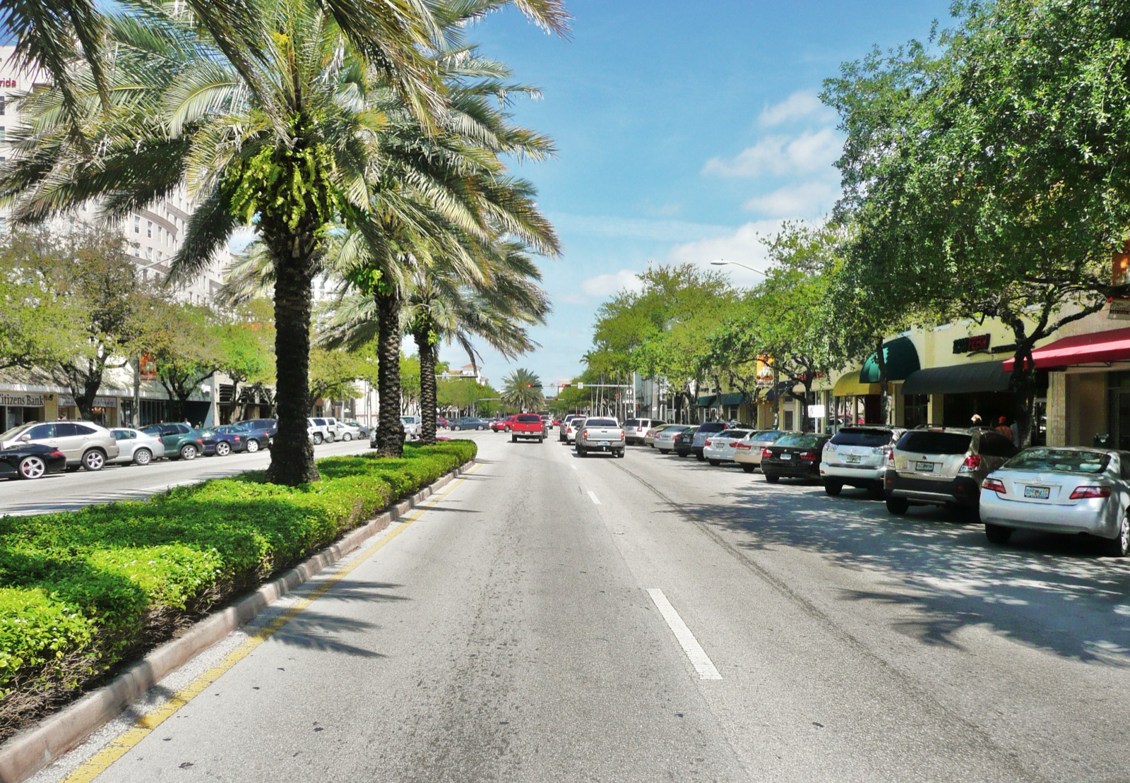 Miracle Mile, the palm-lined shopping street in downtown Coral Gables, Florida