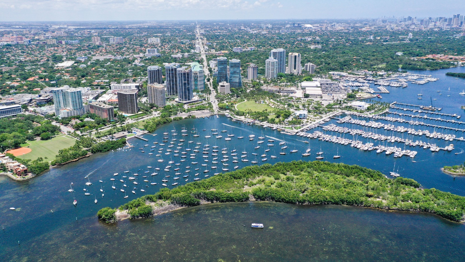 Aerial view of Coconut Grove with Dinner Key marina and Biscayne Bay, near the University of Miami