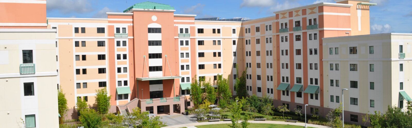 Facades of the Towers at Knights Plaza, UCF's apartment-style residence halls next to the arena