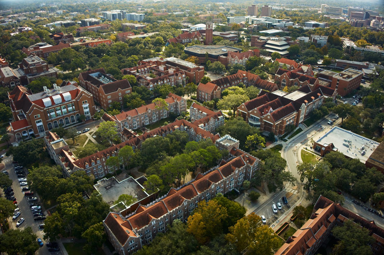 Aerial view of the Murphree Area, the historic brick, red-roofed residence halls on the University of Florida campus