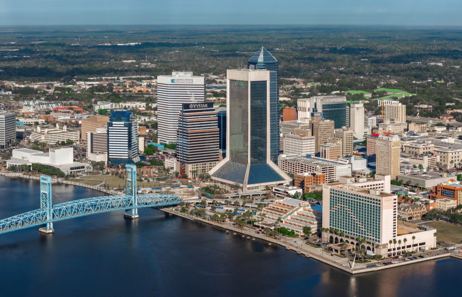 Aerial view of downtown Jacksonville with the Main Street Bridge over the St. Johns River
