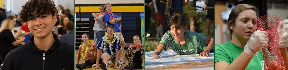 Colagem de alunos: laboratório, esportes, violão e cozinha
