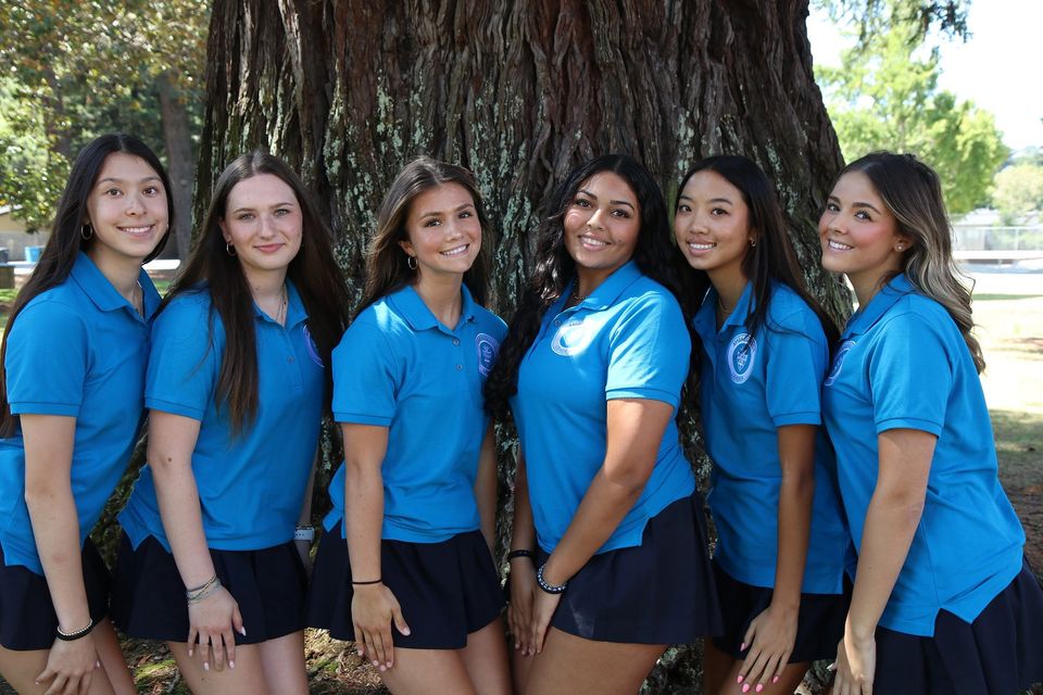 Grupo de alunas de polo azul-claro sob uma árvore grande no campus